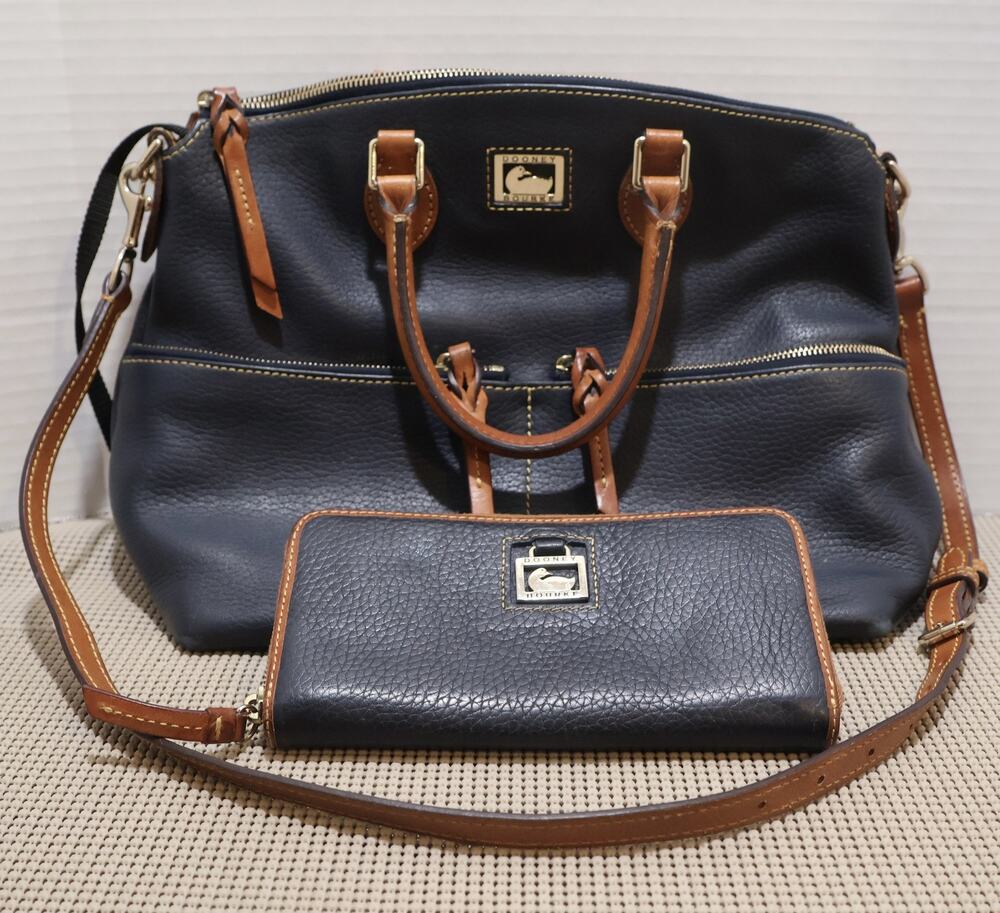 Dooney & Bourke Navy Blue Leather Satchel Dillen Double Pocket Matching Wallet